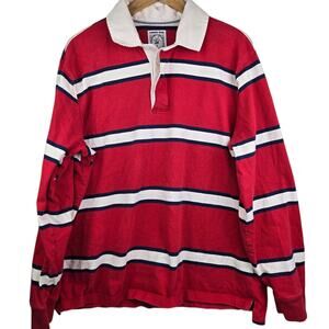Vintage Lands End Rugby Polo Shirt Mens XL Striped Red Cotton Long Sleeve
